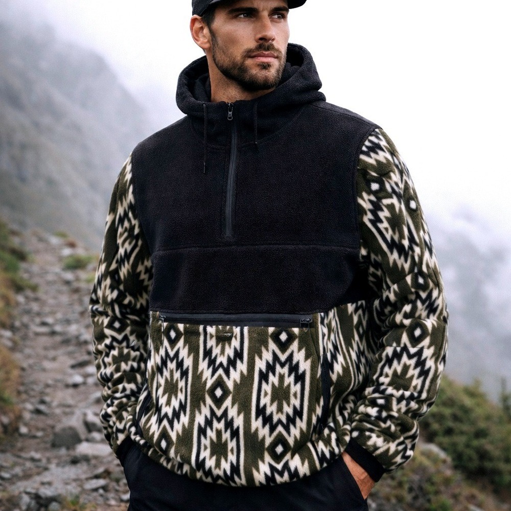 RSQ Aztec Fleece Hoodie Mens XL 1/4 Zip Pullover Southwestern Gorpcore 25" PTP‎